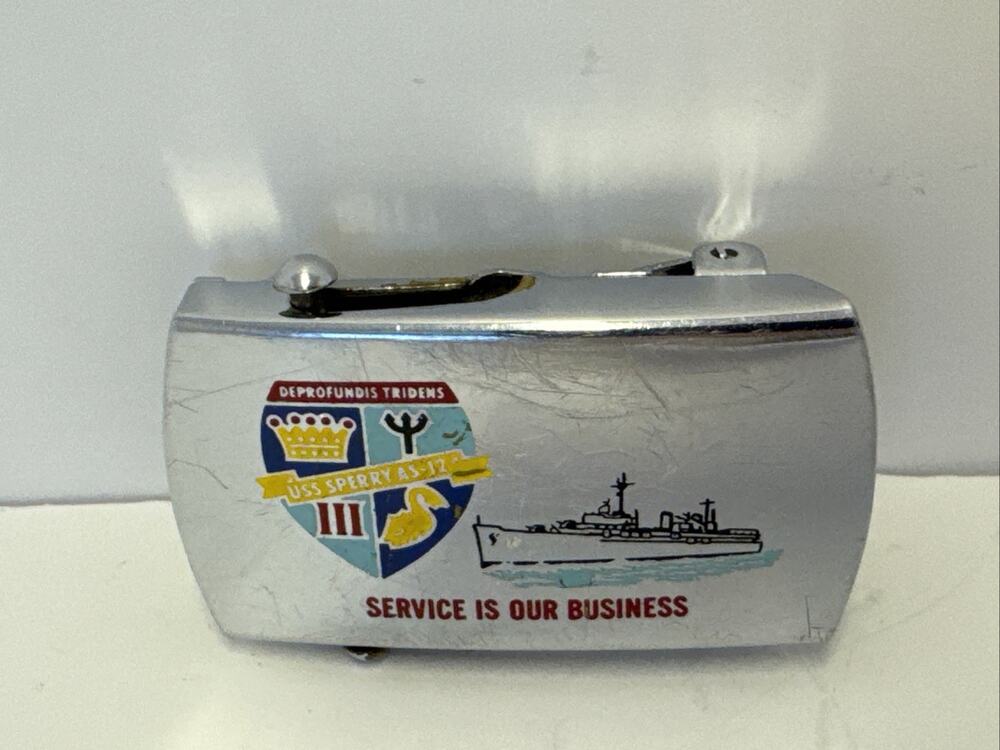 Vintage Zippo US Navy USS Sperry AS-12 Belt Buckle Solid Brass Chrome USN USA